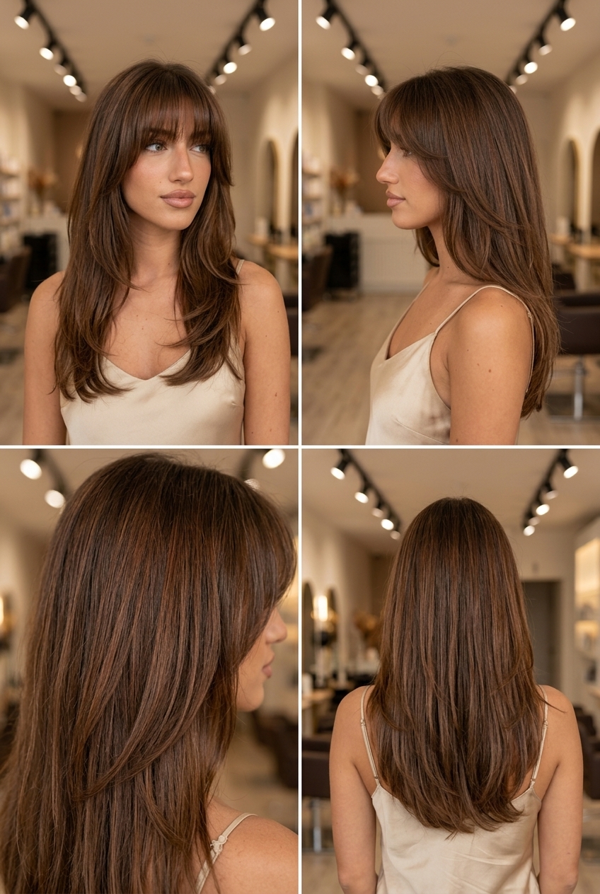 long Birkin fringe haircut with rich natural brown, thick feathered bangs for retro glamour — weekend festival