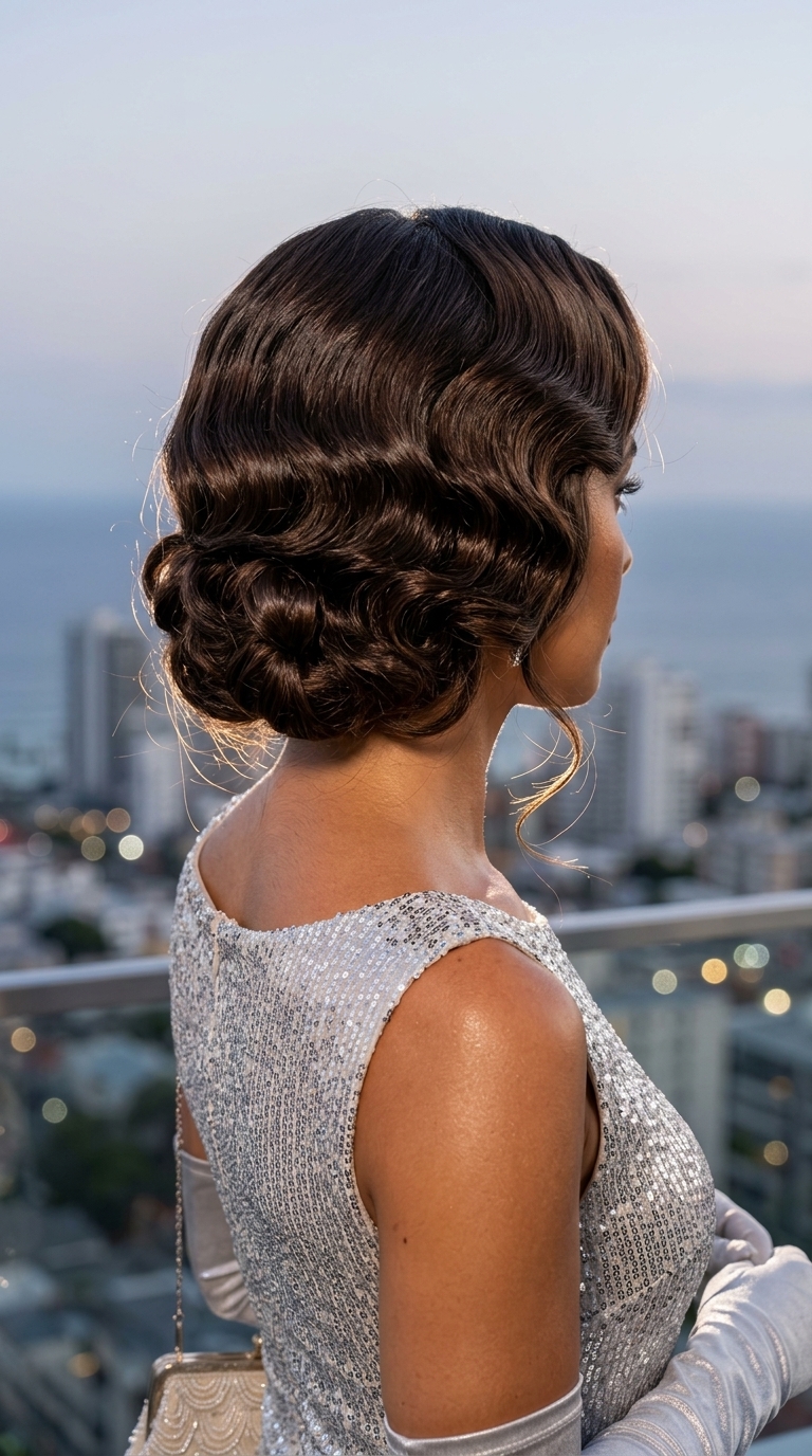 short blunt cut with rich brunette finger waves and deep side part for retro glamour