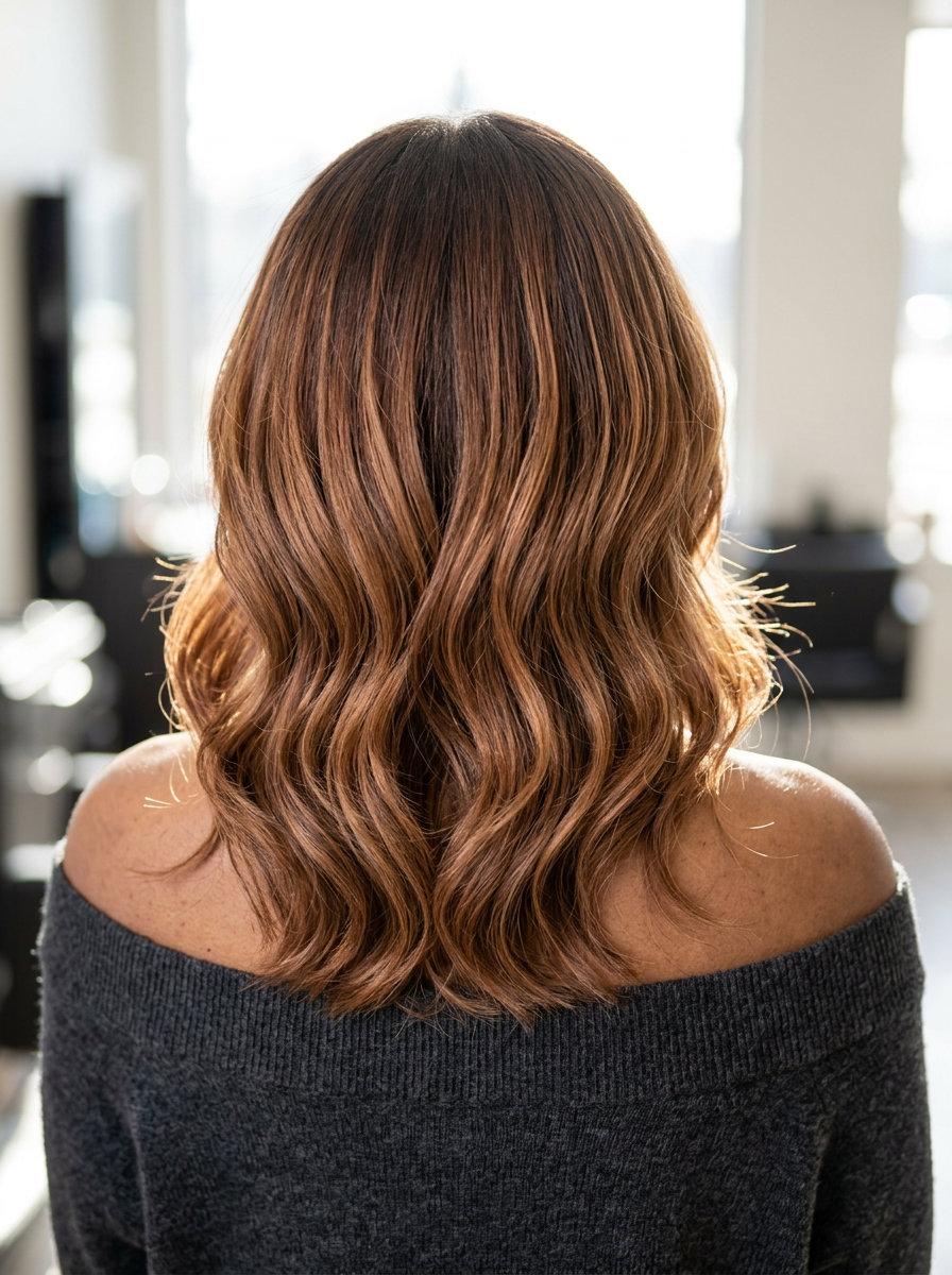 long roasted chestnut auburn root smudge with caramel undertones, seamless blend — natural weekend casual