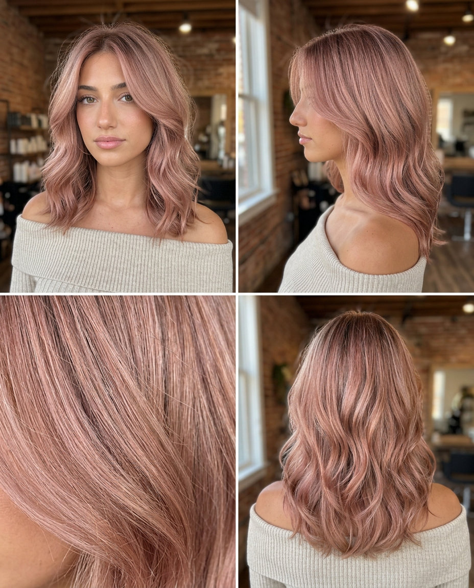 long muted rose gold hair with golden beige undertones, babylights, no fringe — romantic summer shimmer