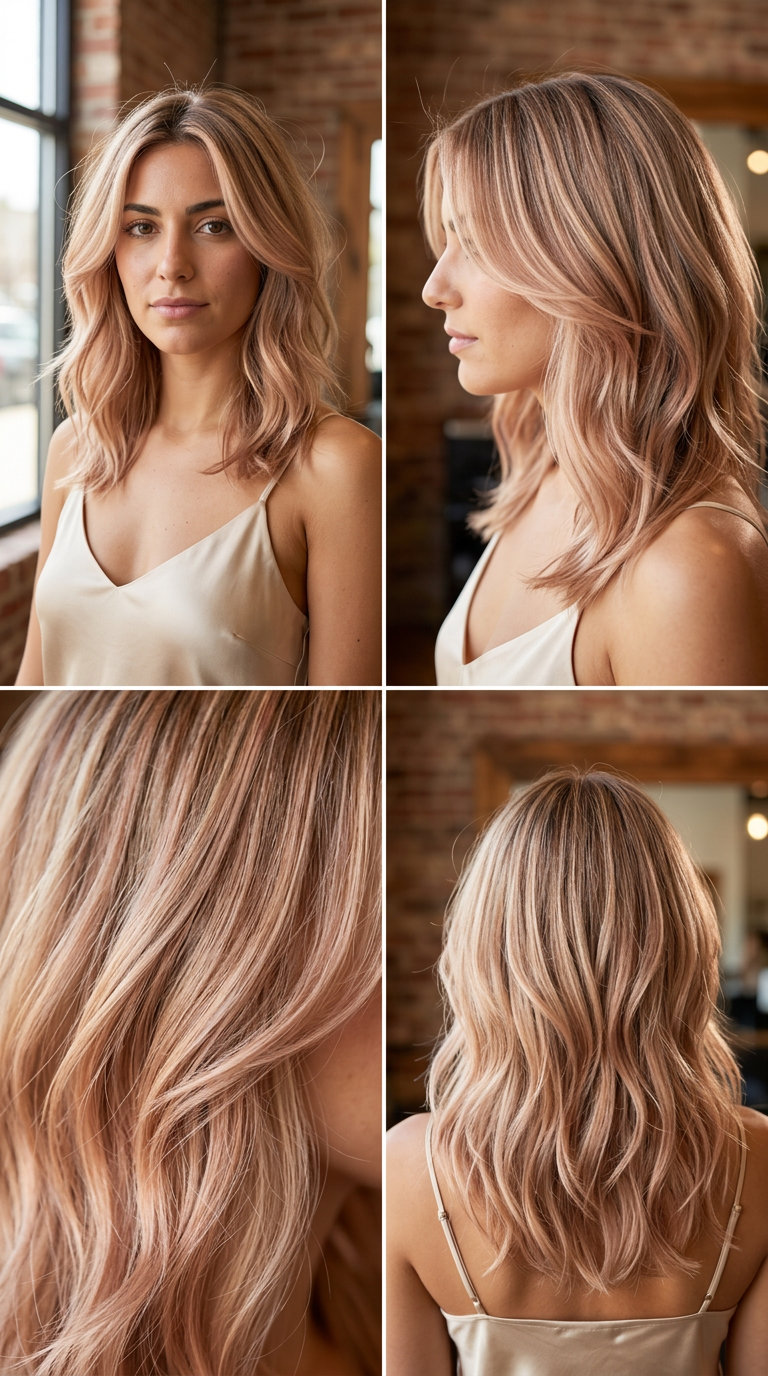 long rose gold honey blend with champagne blonde, balayage, no fringe — romantic feminine shimmer