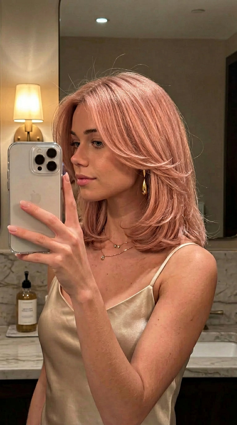 Rose Gold Layered Lob 2026 medium layered lob haircut with rose gold, curve layers, no bangs — romantic whimsical 2026