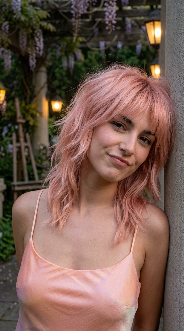 Whimsical Rose Gold Wolf Cut 2026 medium-long shaggy wolf cut in rose gold with platinum base, razored texture, and wispy fringe for festivals