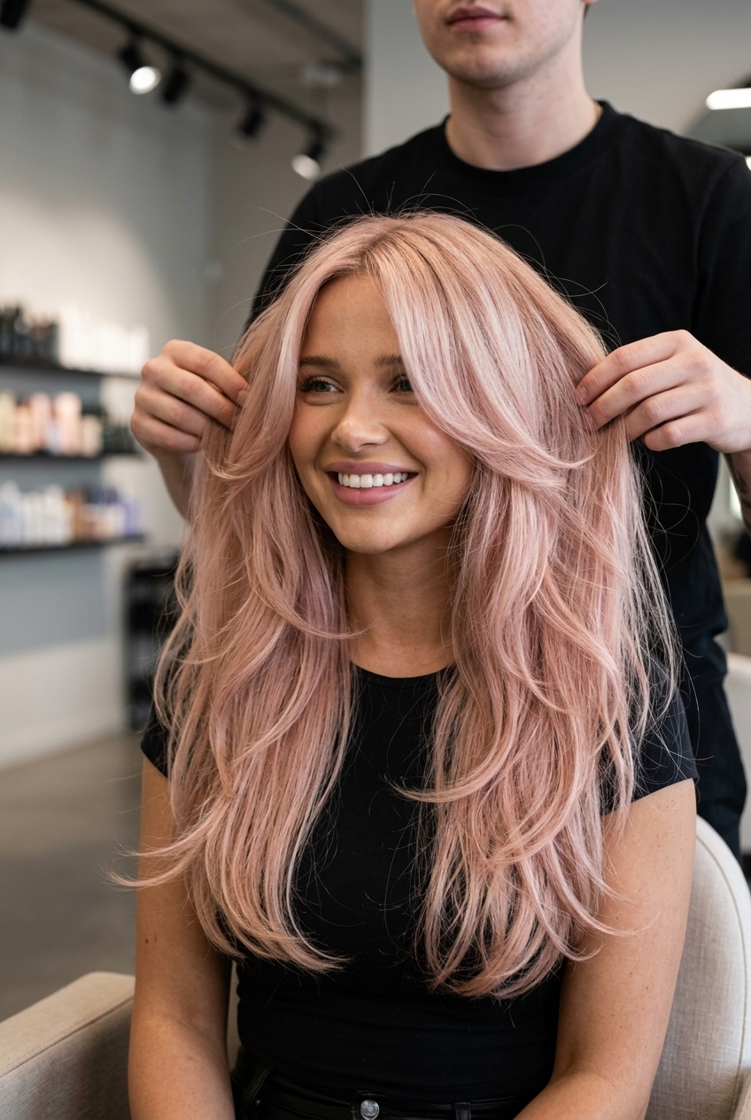long haircut with rose gold pastel, platinum blonde base, face-framing layers — ethereal