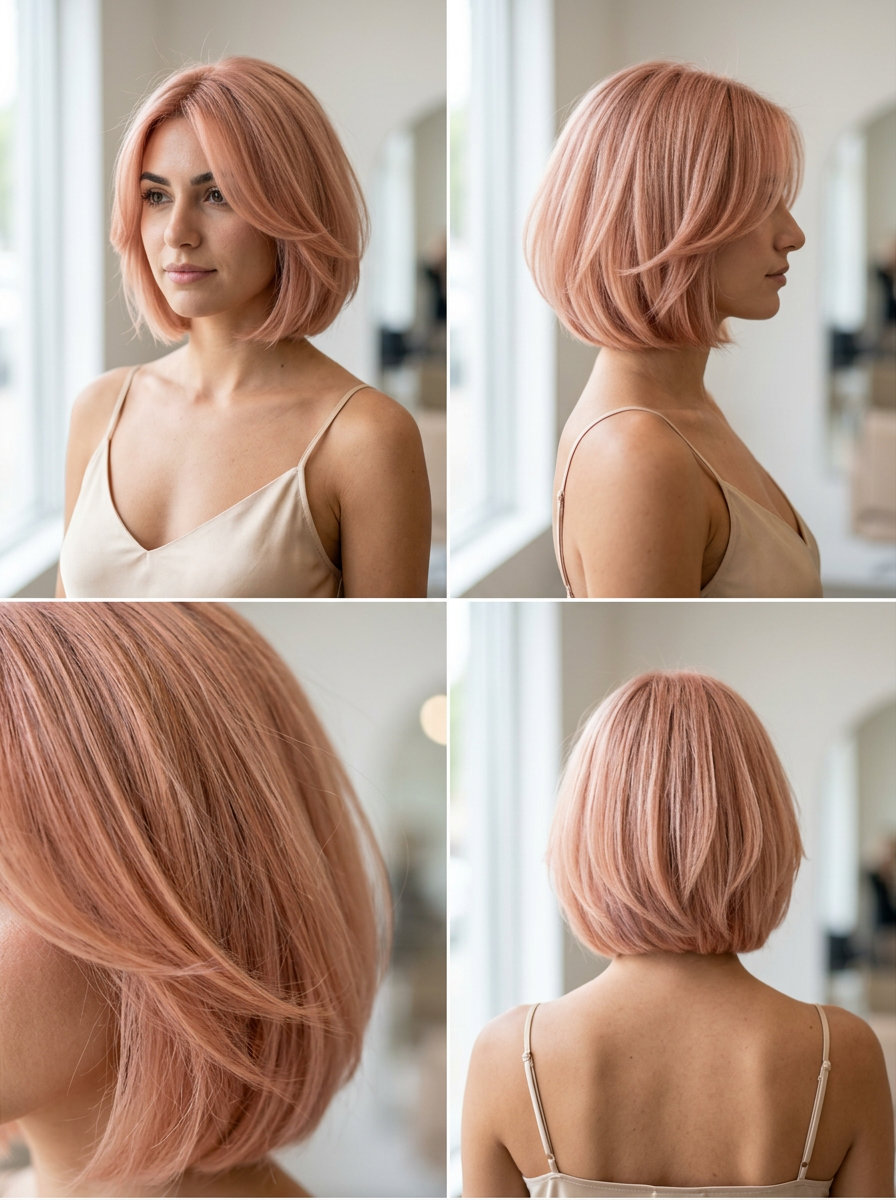 short layered butterfly haircut in rose gold with textured layers, no fringe — romantic and playful