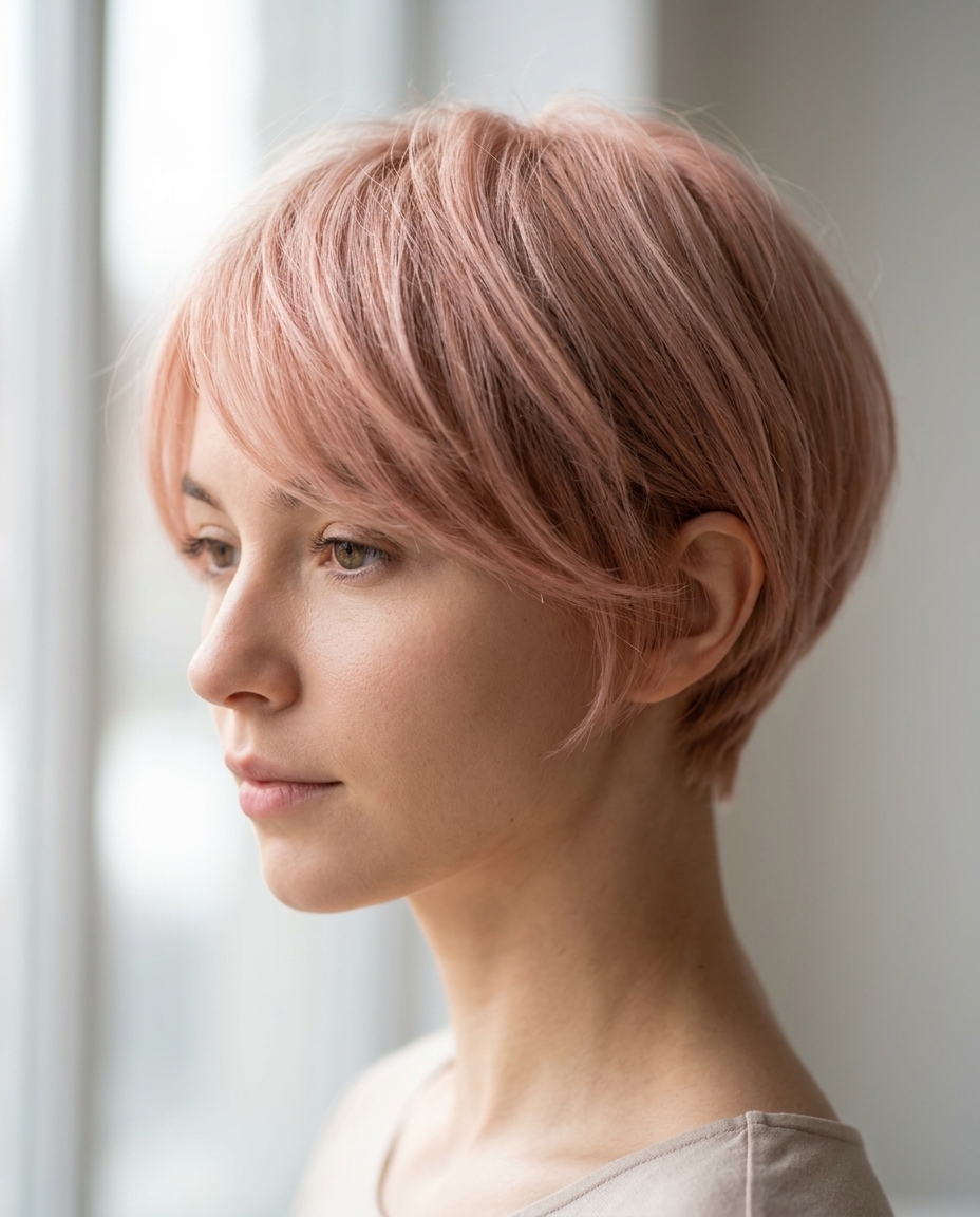 very short pixie haircut in rose gold with pastel pink undertones, softly blunt cut with micro-fringe for garden party