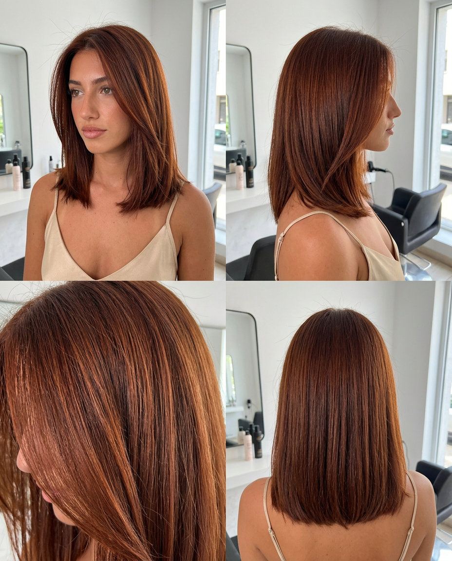 long auburn hair color, rusty all-over application for daily wear