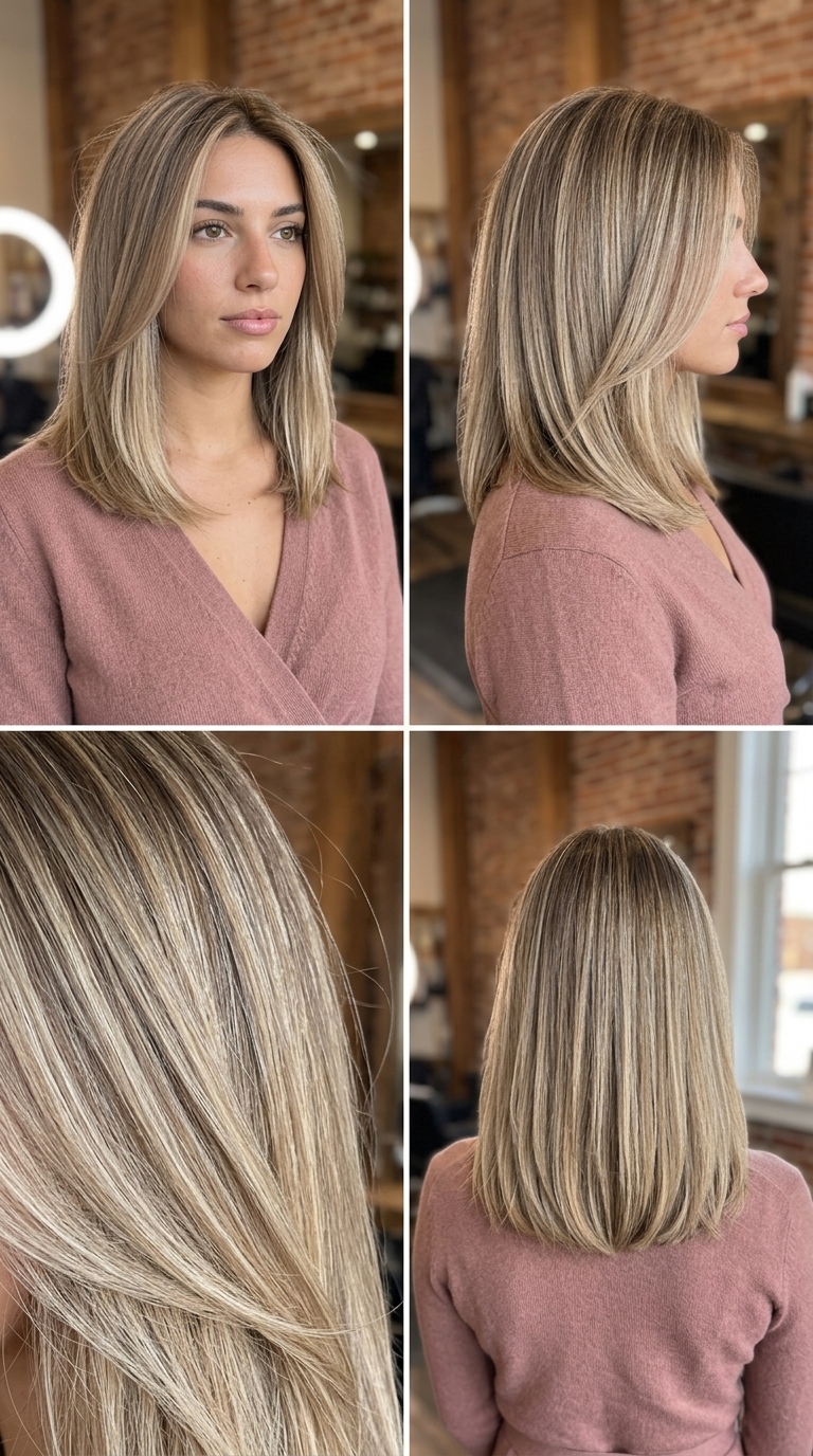 shoulder-length sand-dune bronde balayage with beige-blonde highlights for summer