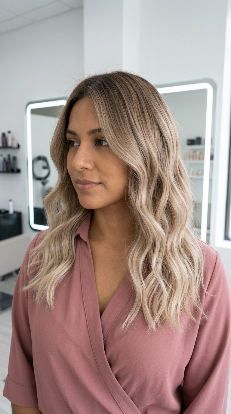 long sandy beige ombre with pale blonde ends, butterfly layers for beach days