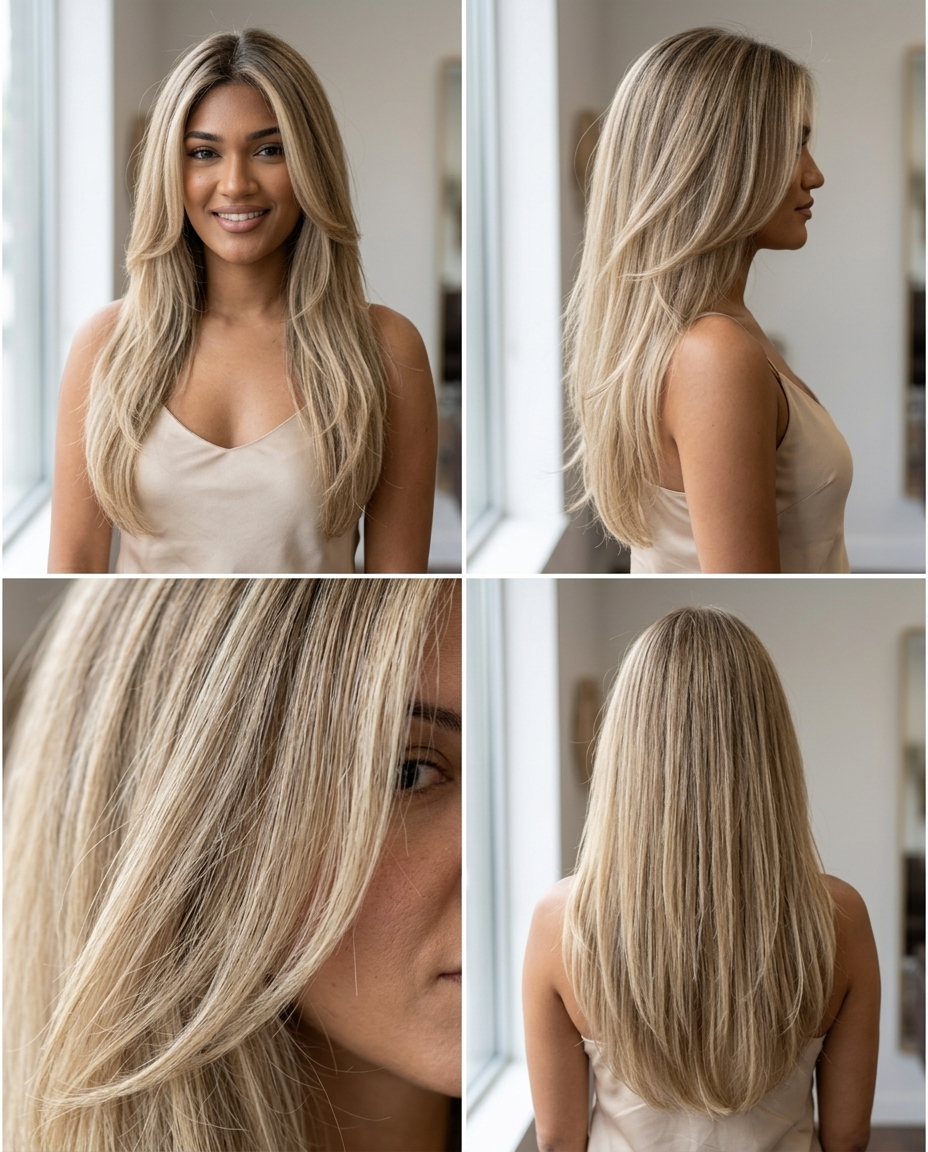 long blunt haircut with sandy blonde & ash root smudge, internal layers for airy lightness — beach day