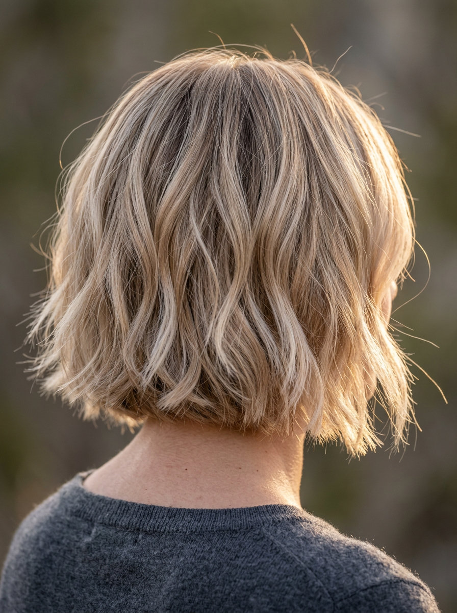 long bob sandy blonde razor bob with beige babylights and razored shattered ends, beachy mood