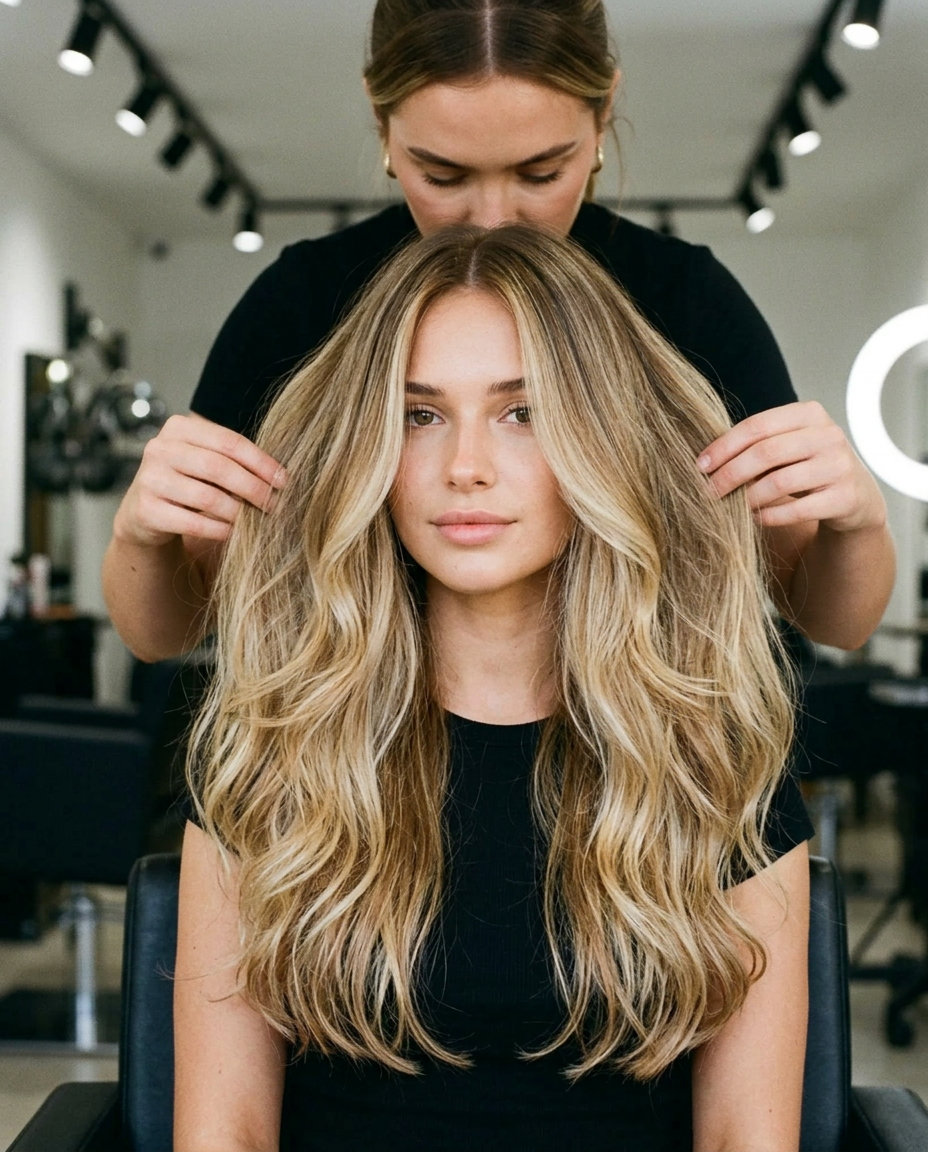 long layered haircut with sandy blonde ombré, golden caramel, and dark blonde root for summer