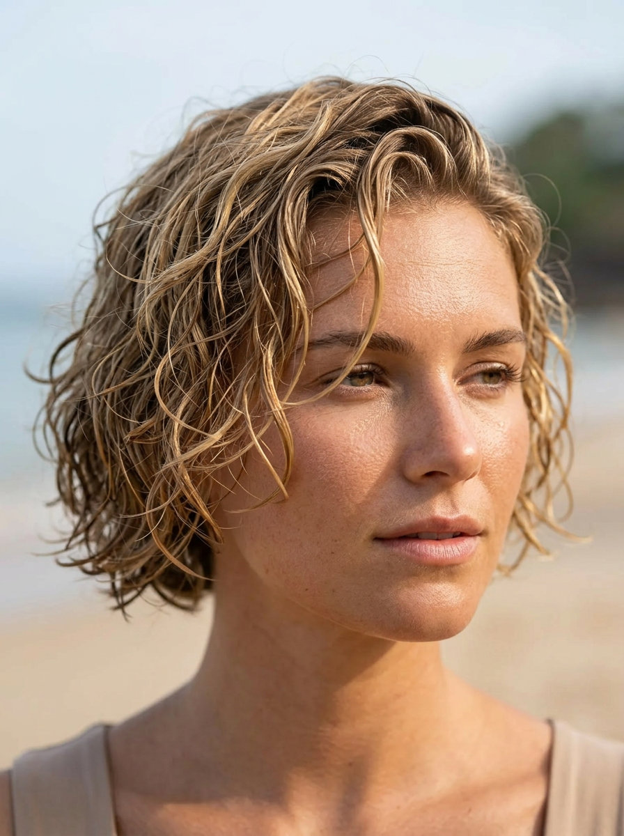 Coastal Hydro Textured Bob 2026 short textured bob haircut with sandy blonde color, cool beige undertones, no bangs — effortless beachy waves