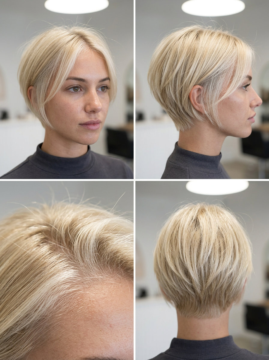 Scandi-Hairline Blonde Crop 2026 short crop blonde with illuminated hairline, tousled texture — fresh natural look