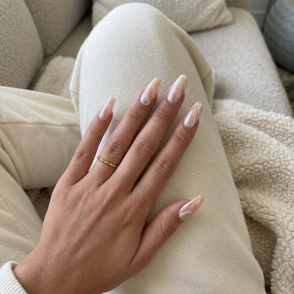 Glamorous iridescent marble coffin shell summer nails 2026 with nude beige base for parties.