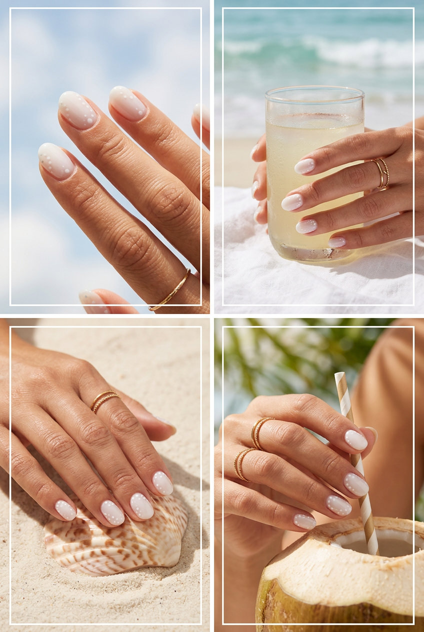 Milky white nails with subtle dots for shell summer nails 2026. Playful and sweet.