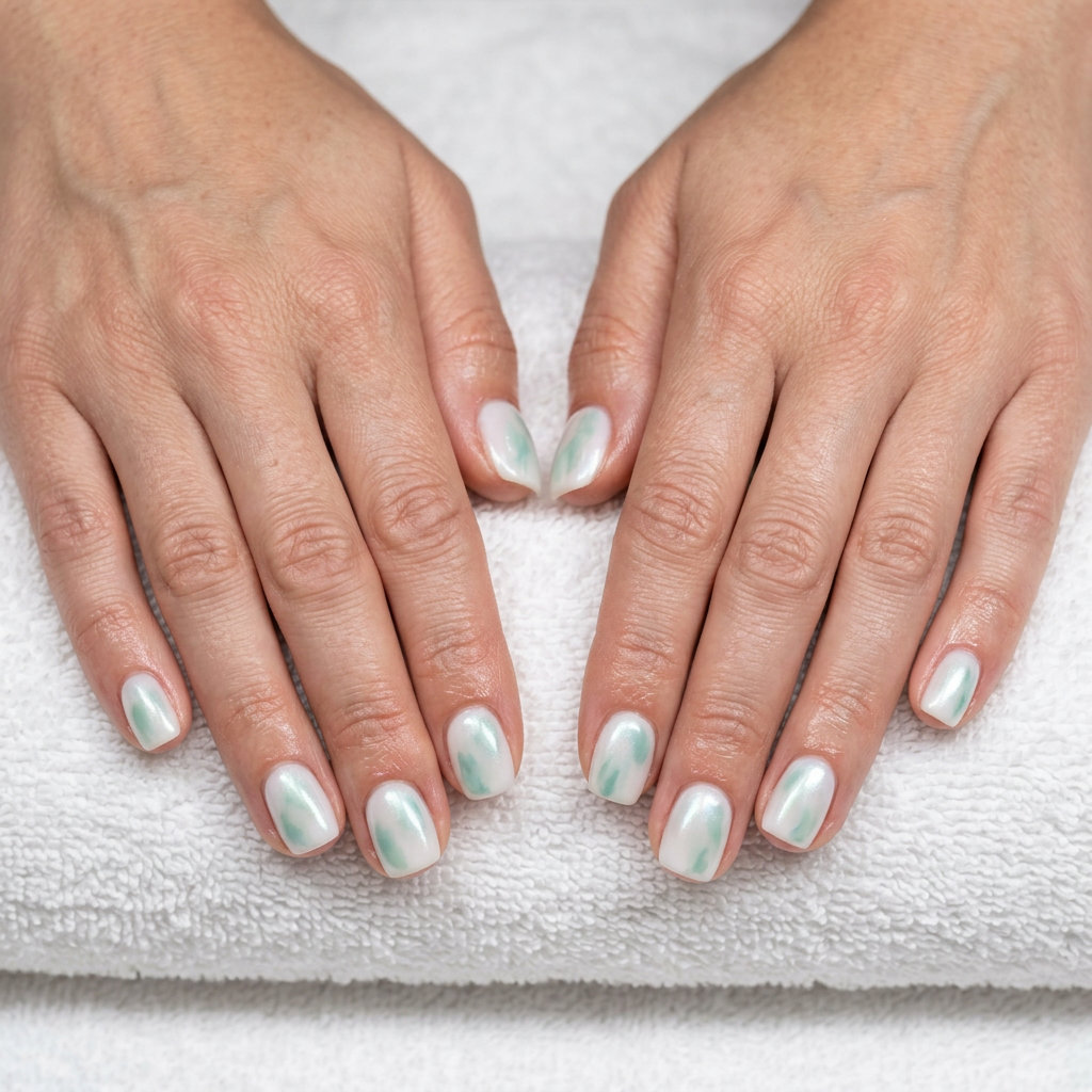Milky white and seafoam green wash nails for shell summer nails 2026. Serene and natural.