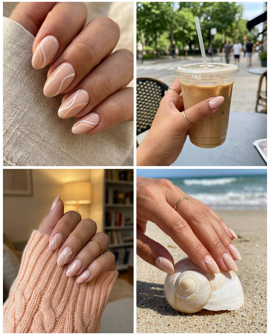 Minimalist nude beige shell summer nails 2026 with abstract white and peach lines for daily wear.