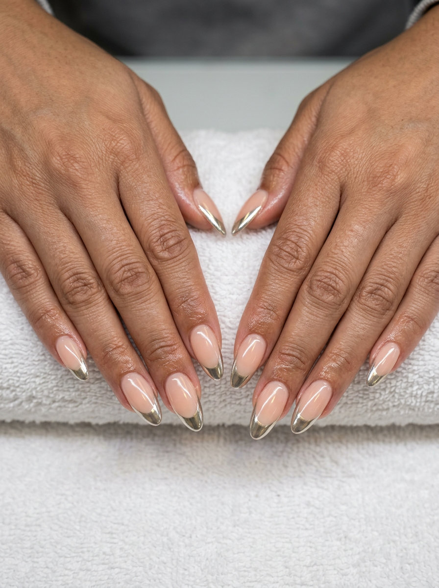 Pale Peach Chrome French Tip nails for shell summer nails 2026. Glamorous party outfit.