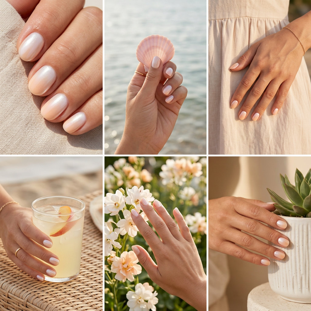 Peach Sky Gradient Shell nails for shell summer nails 2026. Ethereal daily outfit.