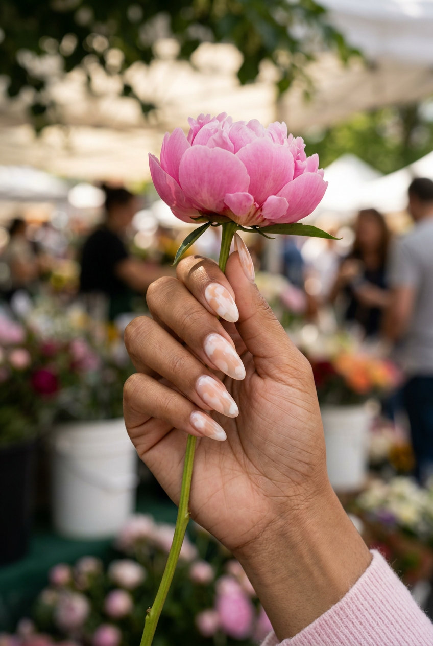 Peachy Cloud Abstract nails for shell summer nails 2026. Romantic date night outfit.