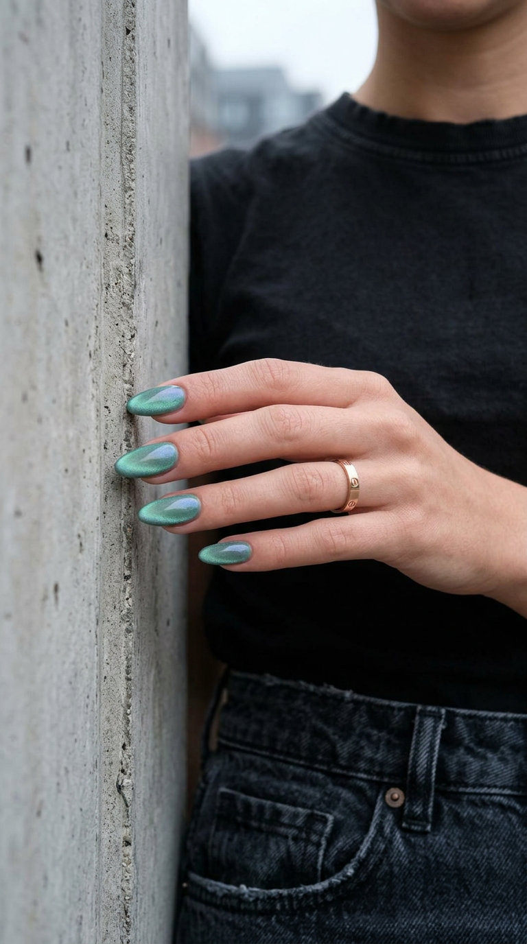 Mystical seafoam green cat-eye shell summer nails 2026 with blue/purple shifts for date night.
