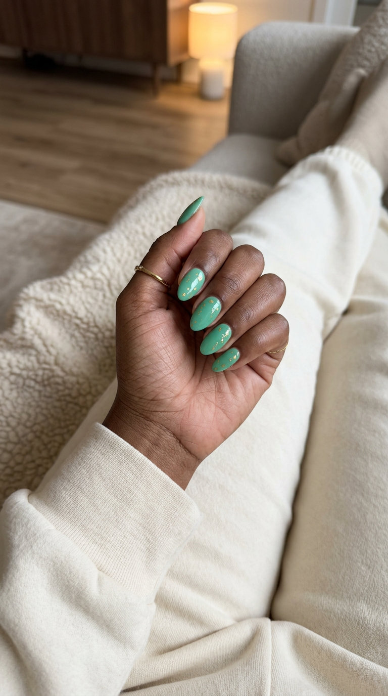 Seafoam green nails with gold foil flakes for shell summer nails 2026. Perfect for vacation.