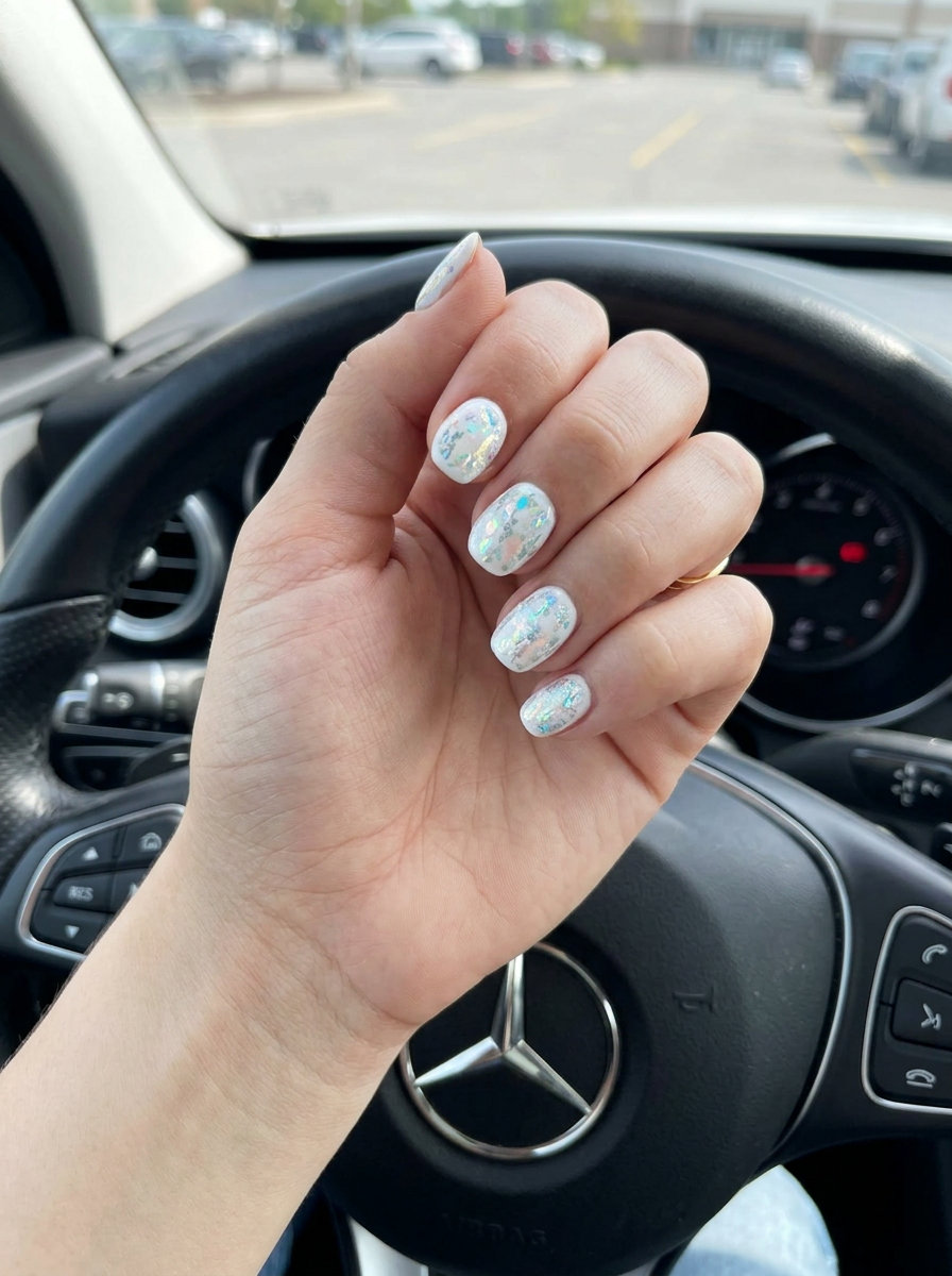 Seafoam green and milky white swirl nails for shell summer nails 2026. Playful and artistic.