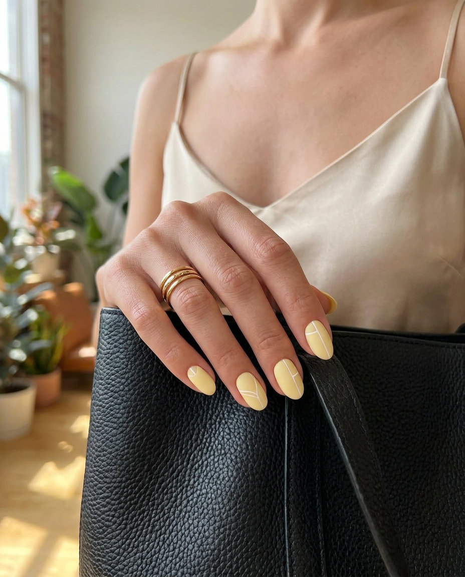 Butter Yellow Geometric Nails 2026 | Modern Minimalist Short oval summer nails 2026: Geometric butter yellow with thin white lines and negative space, matte finish.
