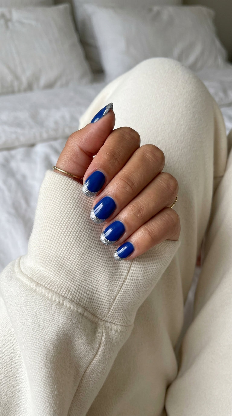 Short Oval Summer Nails 2026: Cobalt Glitter French Tip Short oval summer nails 2026: Glamorous deep cobalt blue with sparkling silver glitter French tips.