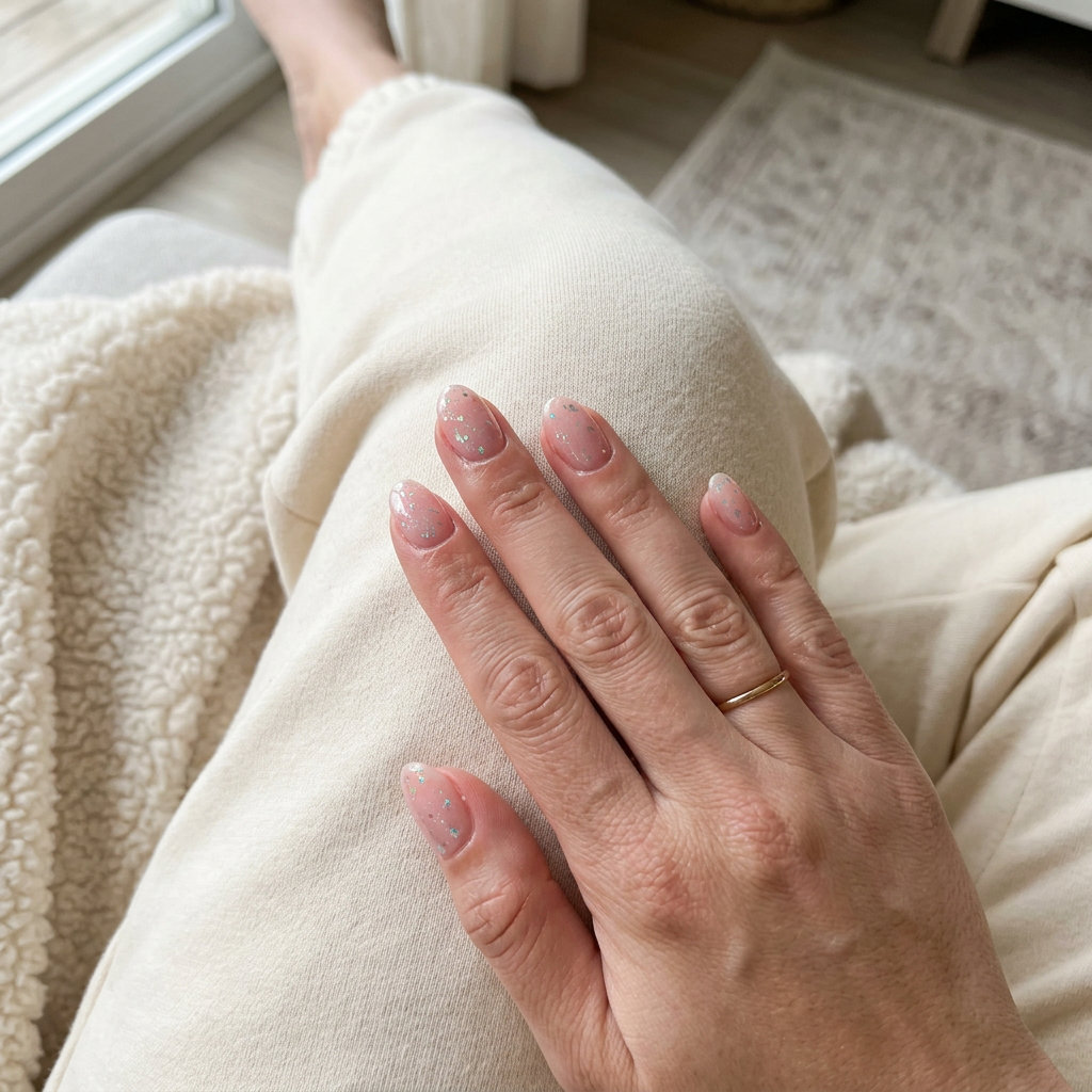 Ethereal Pink Holographic Nails 2026 | Party & Date Night Short oval summer nails 2026: Ethereal pink holographic sparkle gel polish with scattered silver flakes for party.