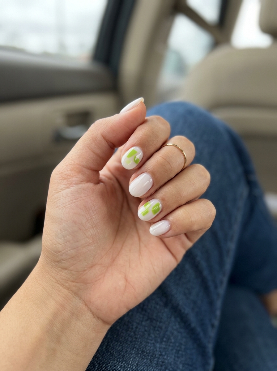 Short Oval Summer Nails 2026: Lime Green Abstract Short oval summer nails 2026: Milky white base with vibrant lime green abstract decals for festivals.