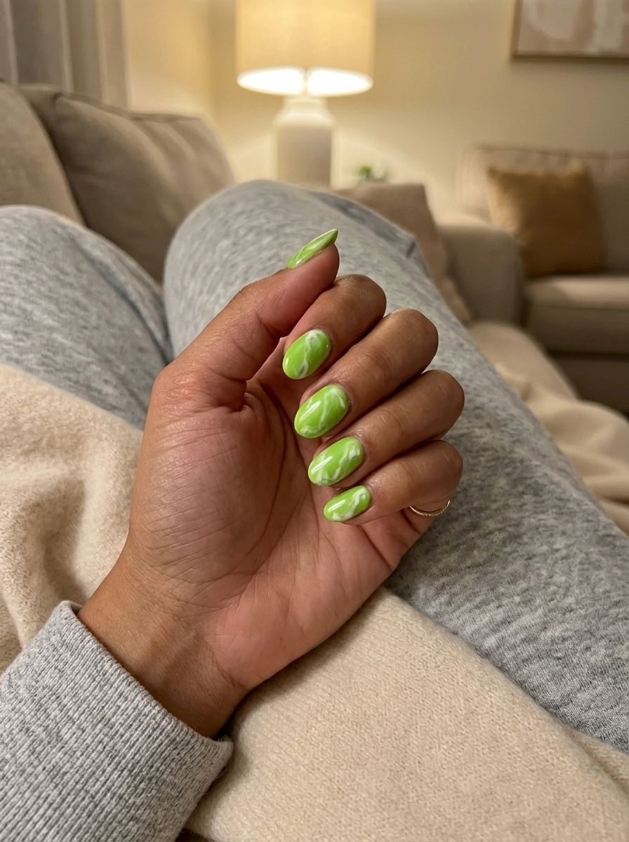 Short oval summer nails 2026: Vivid lime green and white marble for vacation and festival looks.