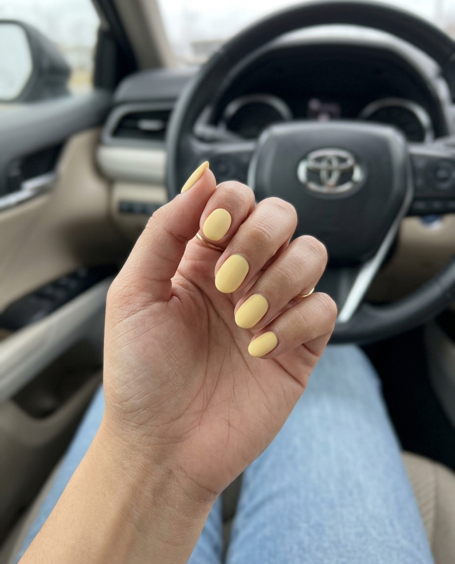 Short Oval Summer Nails 2026: Matte Butter Yellow Chic Short oval summer nails 2026: Matte butter yellow for chic everyday and office wear.