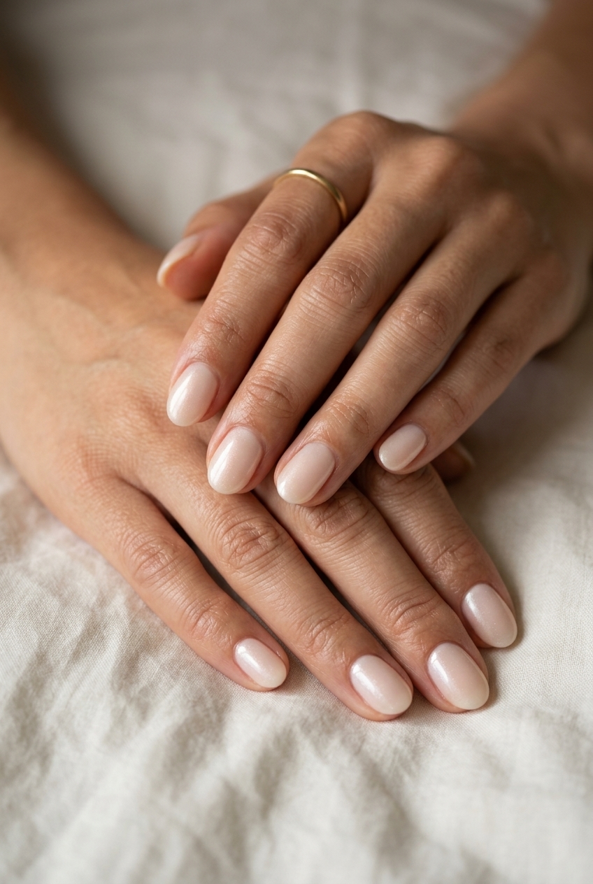 Short Oval Summer Nails 2026: Milky Nude Shimmer Short oval summer nails 2026: Milky nude with pearlescent shimmer for minimalist daily wear.
