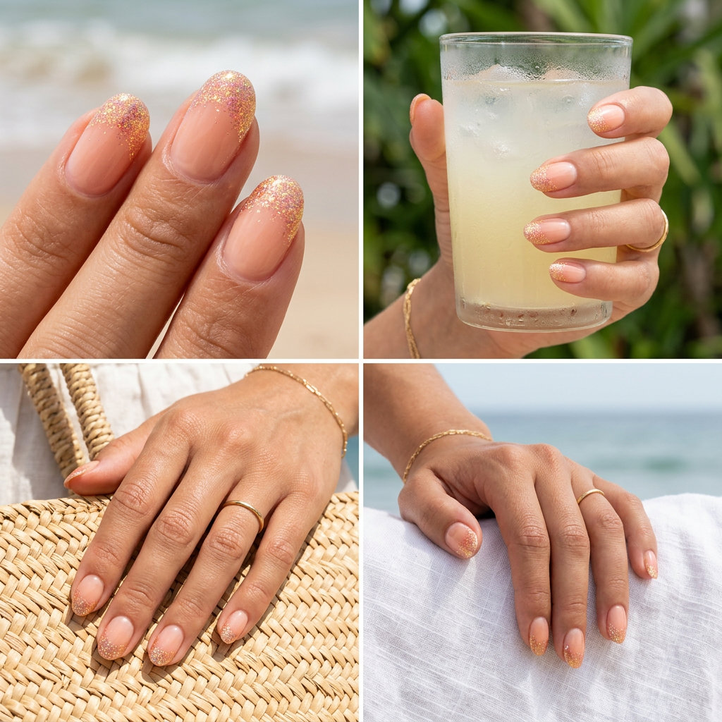 Peach Fuzz Glitter Sunset Nails 2026 | Vacation Glam Short oval summer nails 2026: Peach fuzz glitter sunset gel polish with iridescent glitter tips for vacation.