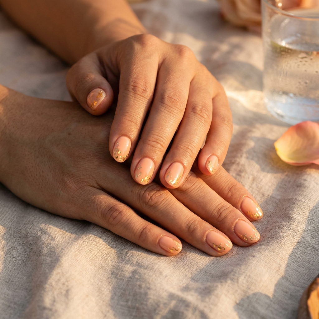 Short Oval Summer Nails 2026: Peach Gold Foil Elegance Short oval summer nails 2026: Romantic creamy peach fuzz with scattered gold foil for elegant events.