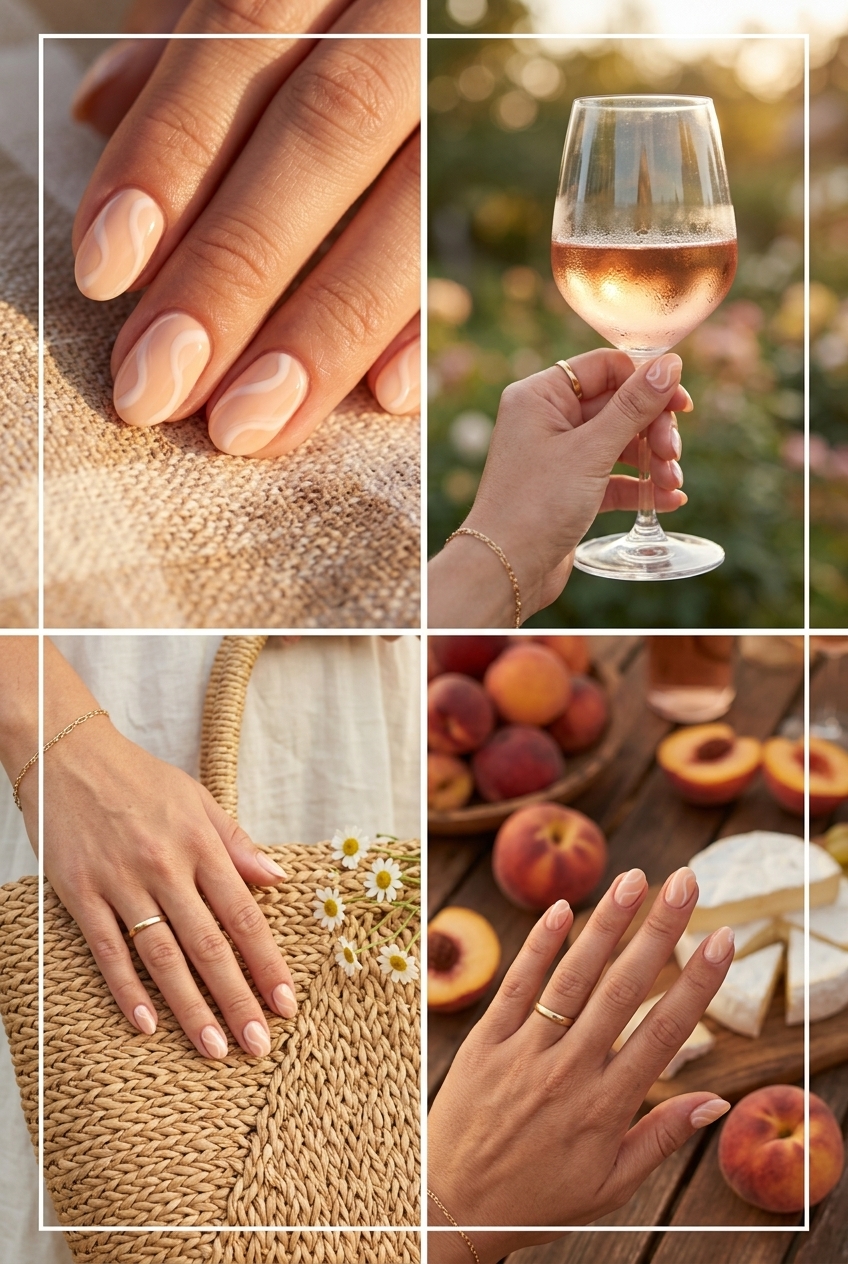 Short Oval Summer Nails 2026: Peach Swirls Short oval summer nails 2026: Artisanal peach fuzz swirls with milky white for bohemian events.