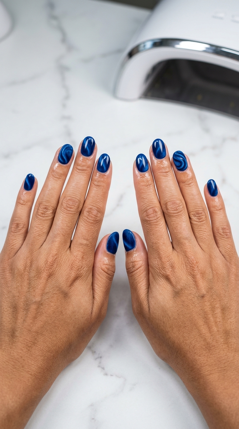 Short Oval Summer Nails 2026: Velvet Ocean Swirls Short oval summer nails 2026: Sultry deep cobalt blue with a dimensional velvet texture swirl effect.
