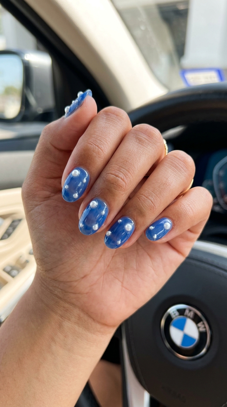 Cobalt Blue Pearl Nails 2026 | Chic Summer Casual Short oval summer nails 2026: Watery cobalt blue with scattered white pearl accents for casual outings.