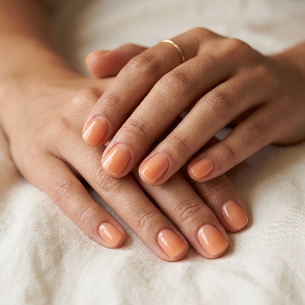 Apricot Glossy Round Nails 2026 Short round summer nails 2026: Apricot glossy round for daily wear or summer brunch. Clean and effortless.
