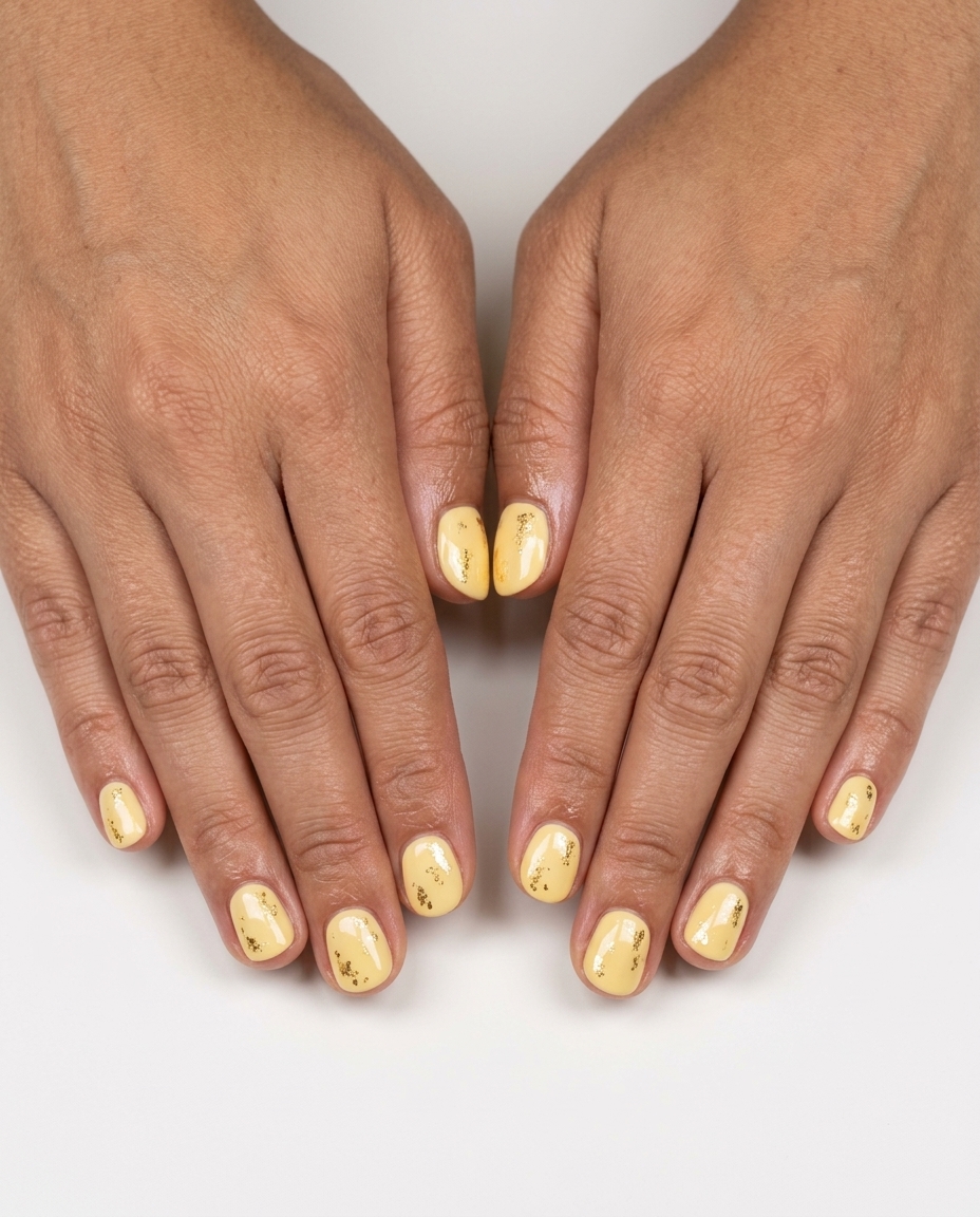 Butter Yellow Gold Foil Nails 2026 Short round summer nails 2026: Butter yellow with gold foil accents for casual weekend or picnic. Whimsical and sunny.