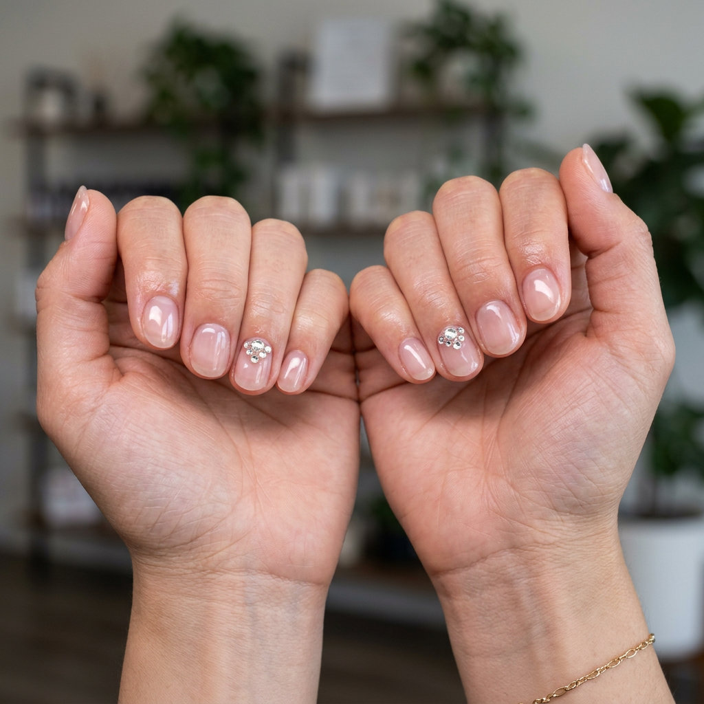 Clear Jelly Dew Drop Nails 2026 Short round summer nails 2026: Clear jelly with dew drop rhinestones for party or date night. Ethereal and sparkling.