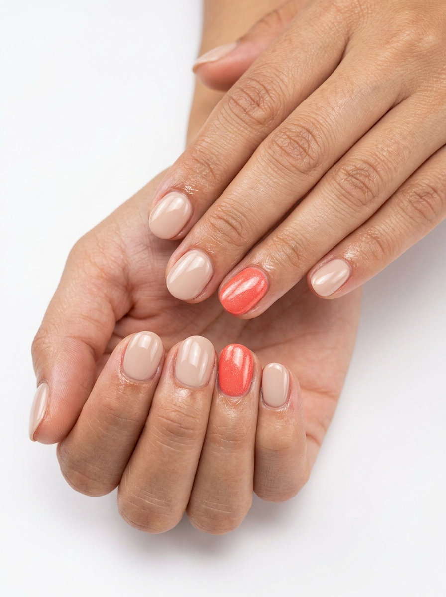 Coral Pop Accent Nails 2026: Summer Vacation Chic Coral pop accent short round summer nails 2026. Playful, warm, chic style with neutral nude and vibrant coral shimmer.