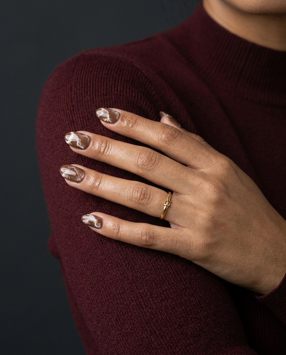 Earthy Marble Nails 2026: Sophisticated Event Style Earthy marble gloss short round summer nails 2026. Sophisticated, artistic, grounded daily wear with brown and white.