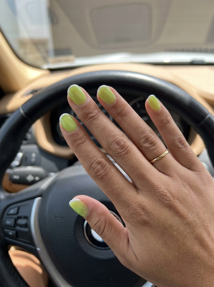 Lime jelly micro French pop short round summer nails 2026. Playful, bright, modern festival wear with sheer lime green.