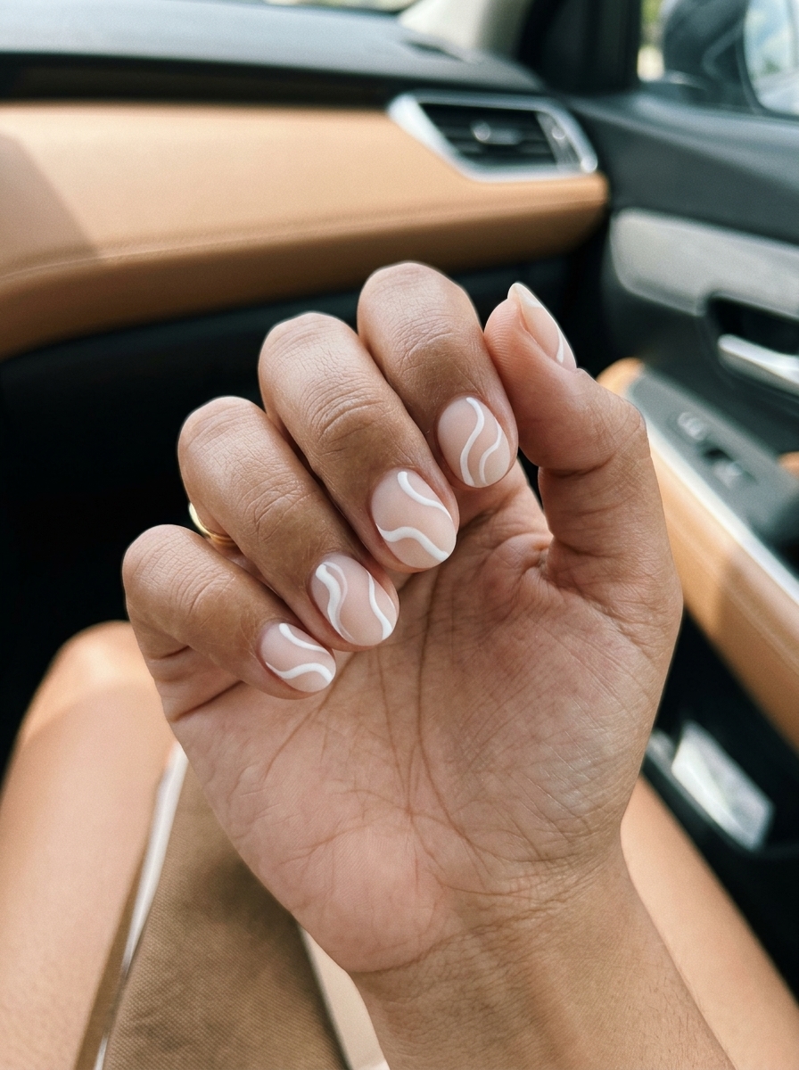 Matte White Abstract Swirls Nails 2026 Short round summer nails 2026: Matte white abstract swirls on sheer base for daily or work. Minimalist and chic.