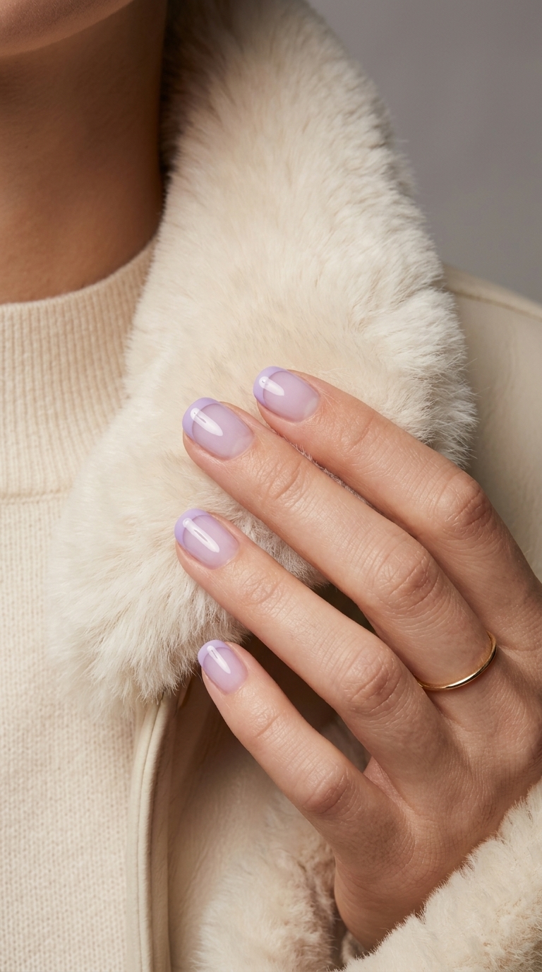 Milky Lavender French Tip Nails 2026 Short round summer nails 2026: Milky lavender French tip for daily, work, or wedding guest. Romantic and classic.