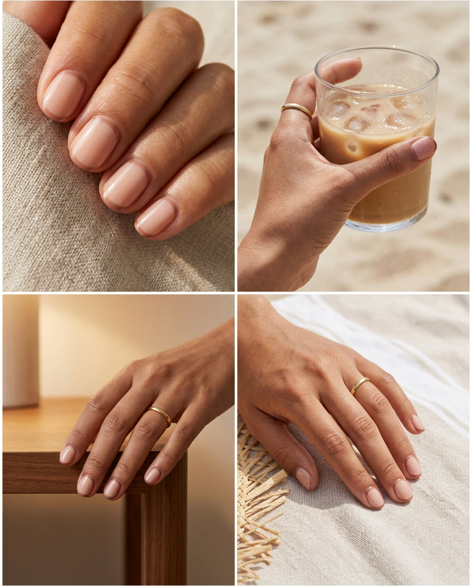 Nude Cuticle French Nails 2026: Minimalist Daily Wear Subtle nude cuticle French short round summer nails 2026. Clean-girl, minimalist, sophisticated daily wear with darker nude accent.
