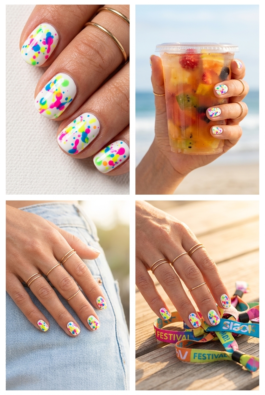 Paint Splatter Nails 2026: Artistic Summer Event Artistic multicolor paint splatter short round summer nails 2026. Playful, artistic, creative festival look with neon colors.